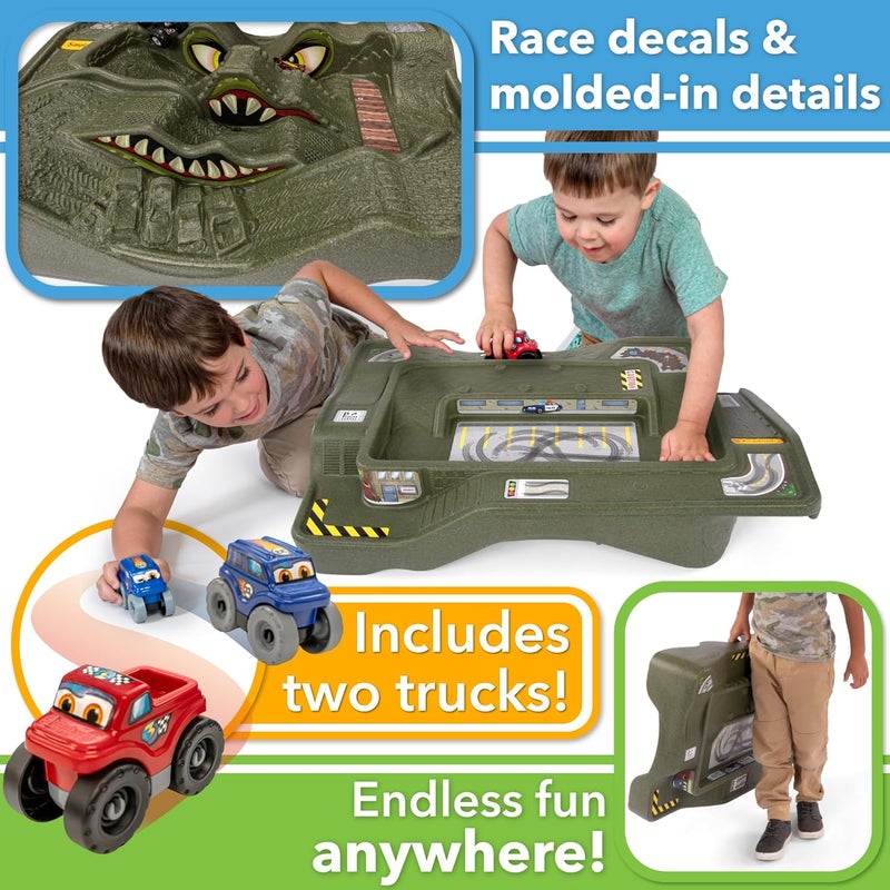 SIMPLAY3 Title: Monster City Extreme Wheels Car Race Track Table - 2 Sided Portable Kids Play Table with 2 Race Trucks - Green - Made in USA - Image 4